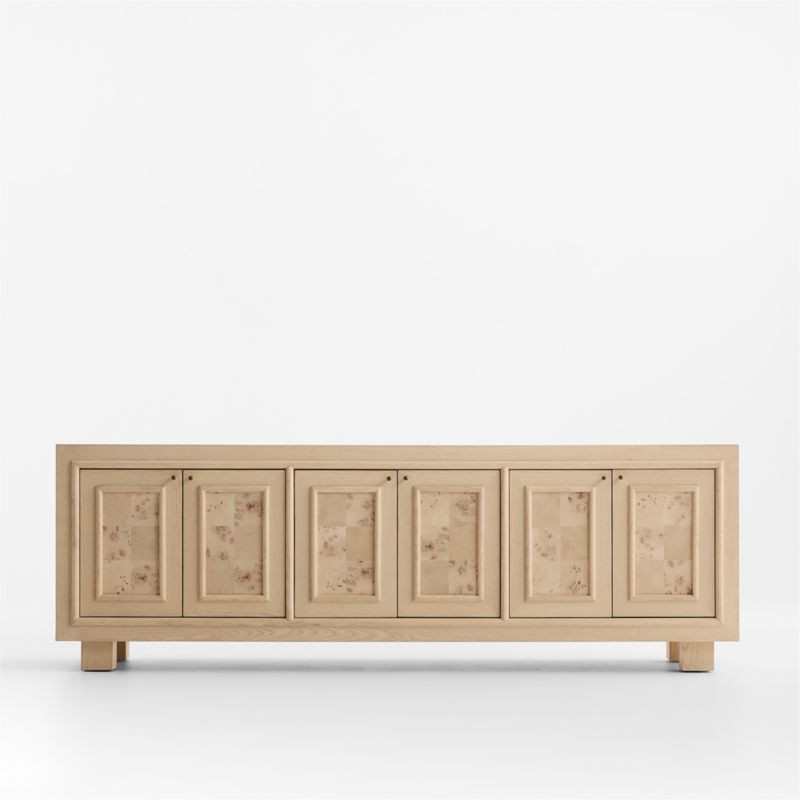 Cotswold 85" Natural Oak and Burl Storage Media Console | Crate & Barrel | Crate & Barrel