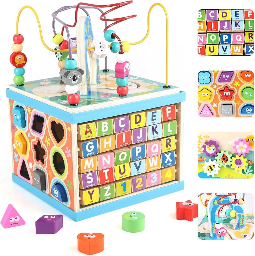 Qilay Wooden Baby Activity Cube for Toddlers 1-3, 5 in 1 Multipurpose ABC-123 Abacus Early Educat... | Amazon (US)