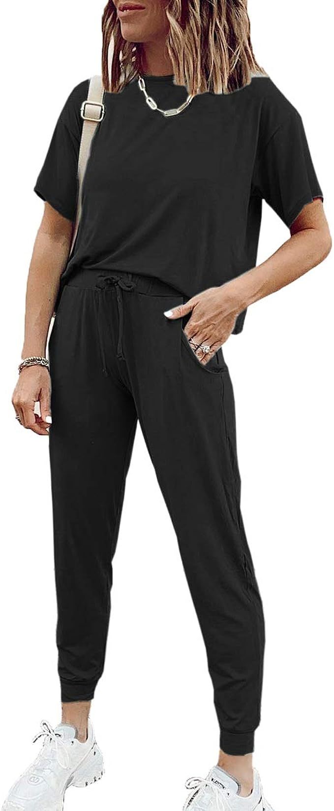 Women Pajama Sets Short Sleeve Tops and Pants Cotton Two Piece Outfit Joggers Loungewear Sleepwea... | Amazon (US)