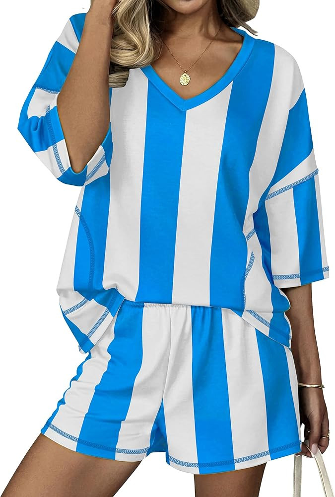 Ekouaer Two Piece Sets for Women Summer Lounge Sets 2026 Striped Shirts and Shorts Set Oversized ... | Amazon (US)