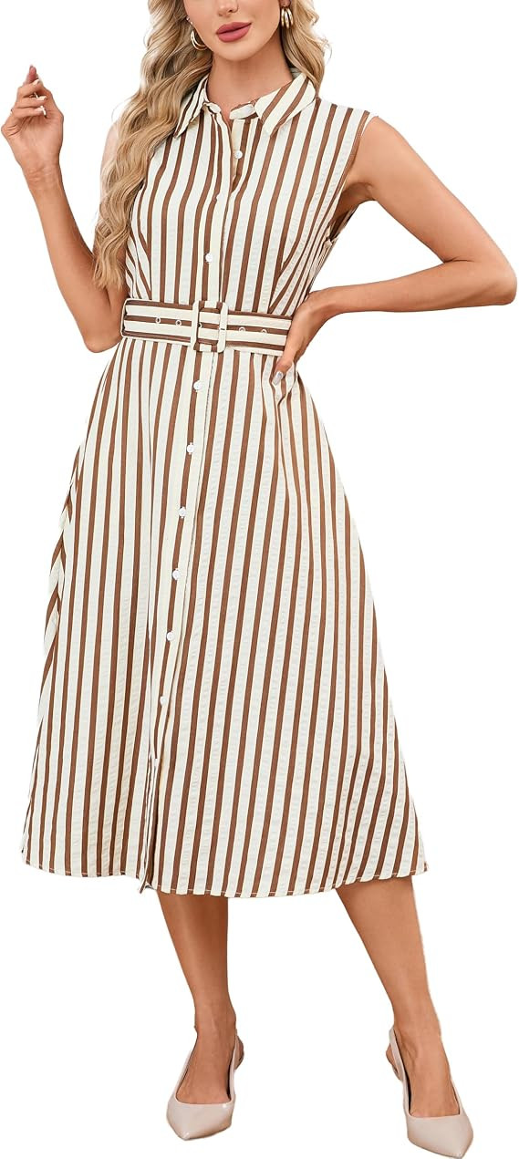 Women's Sleeveless Striped Shirt Dress with Belt Casual Button Down Midi A-Line 2026 Summer Beach... | Amazon (US)