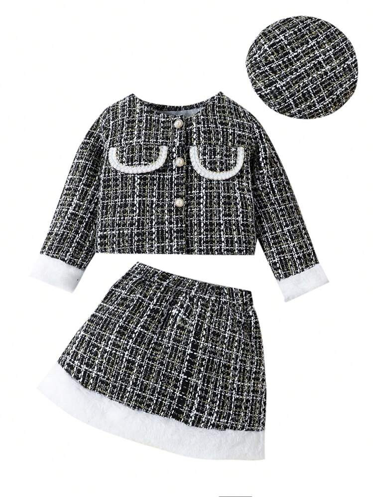 3 Pcs And Cozy Little Girl Tweed Outfit: Long Sleeve Button-Up Jacket, Fuzzy Trim Mini Skirt Adorable Beret Hat 3 Pcs Set - Dress To Impress | SHEIN