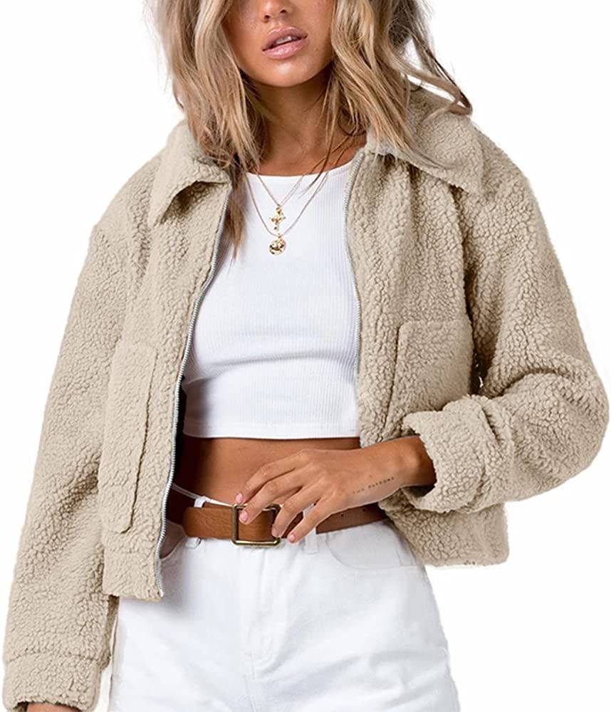 Flygo Women's Cropped Zip Up Lapel Shaggy Teddy Bear Fleece Jacket Coat | Amazon (US)