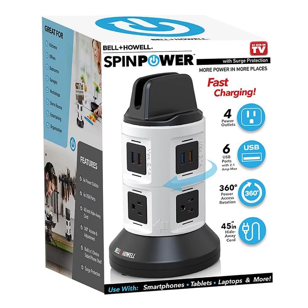 Spin Power Smart Charging Station, Multi Outlet including USB Ports and 7 Ft. retractable Cord - ... | Walmart (US)