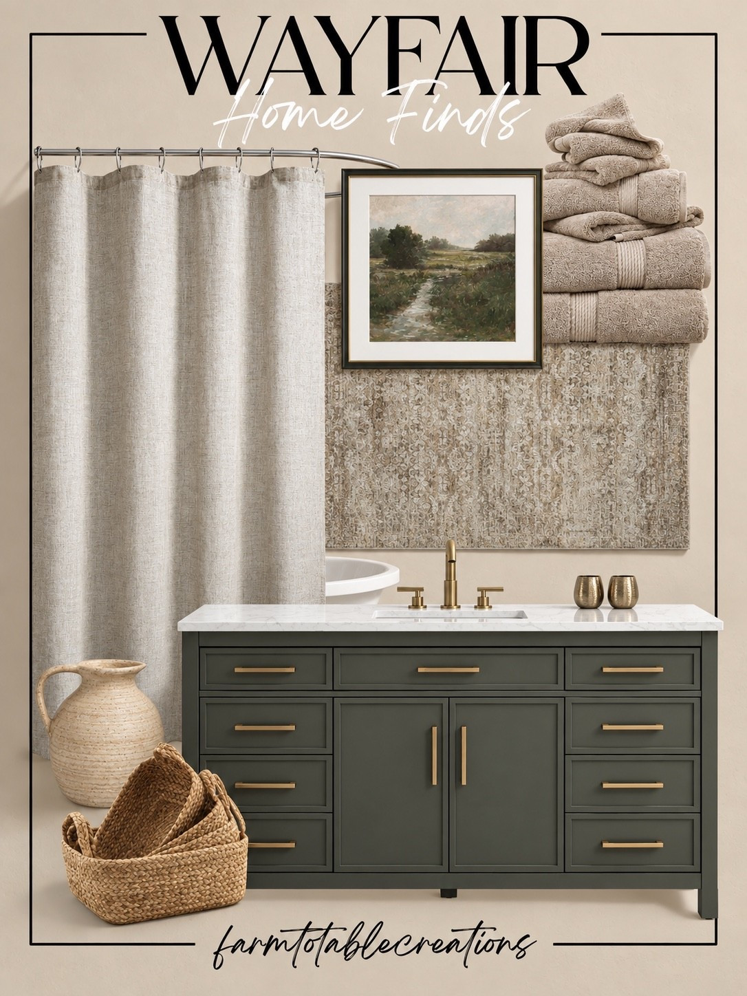 Wayfair Bathroom Refresh 🤎

These Wayfair finds are giving the dreamiest warm-neutral bathroom refresh! The sage-gray vanity with brass hardware is such a beautiful statement, especially paired with soft linen textures, a vintage-inspired rug, neutral towels, and woven storage.

I love how this mix feels calm, elevated, and timeless without being too matchy. The warm natural textures soften the vanity and make the entire look feel like a cozy, designer-inspired bathroom retreat.

Follow @farmtotablecreations on Instagram for more cozy home finds and trending decor.

#LTKHome #Wayfair #WayfairFinds #WayfairHome #BathroomDecor #BathroomInspo #BathroomRefresh #NeutralHome #CozyHome #WarmNeutrals #DesignerInspired #HomeDecor #HomeInspo #AffordableDecor #LTKFinds

#LTKHome #LTKSaleAlert