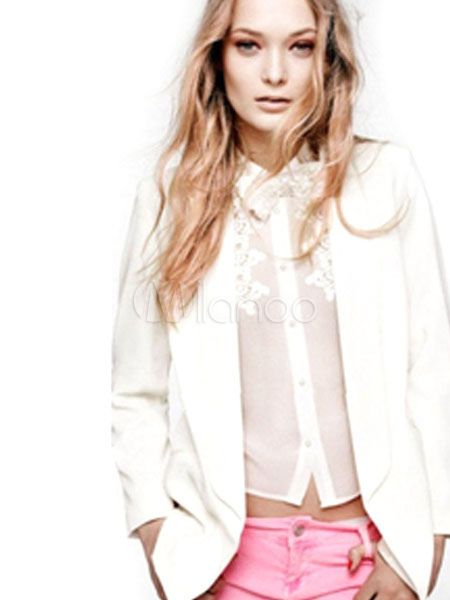 Women White Blazer Spring Jacket Long Sleeve Turndown Collar Pockets Casual Blazer | Milanoo