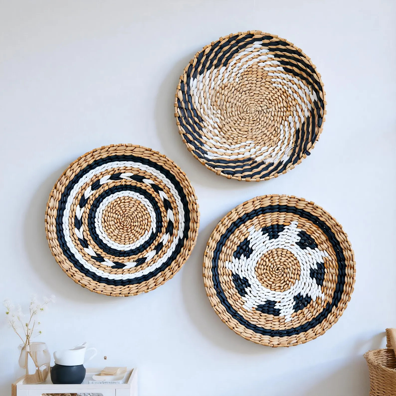 Woven Wall Hanging Basket Set | Black and White Boho Wall Art, Handmade Natural Rattan Wall Decor | Etsy (Global)