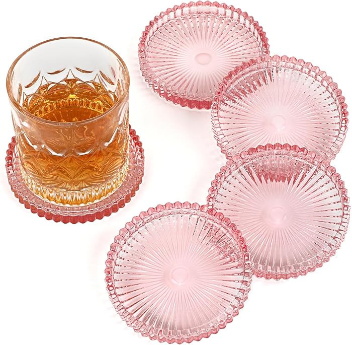 Modern Clear Coaster Set of 5- Glass Coasters for Drinks, Clear Pink | Amazon (US)