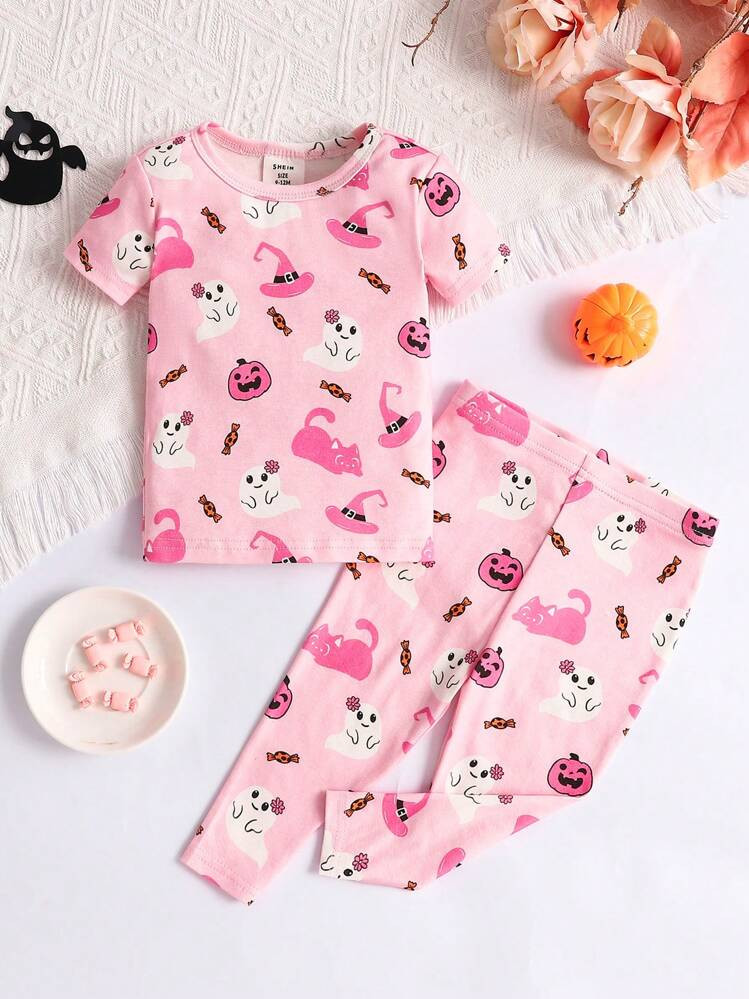 SHEIN 2pcs Baby Girl Comfy Halloween Cartoon Printed Long Sleeve Knit Pajama Set | SHEIN