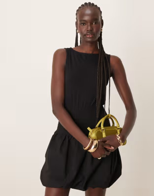 ASOS DESIGN puffball hem shirred sleeve dress mini dress in black | ASOS (Global)