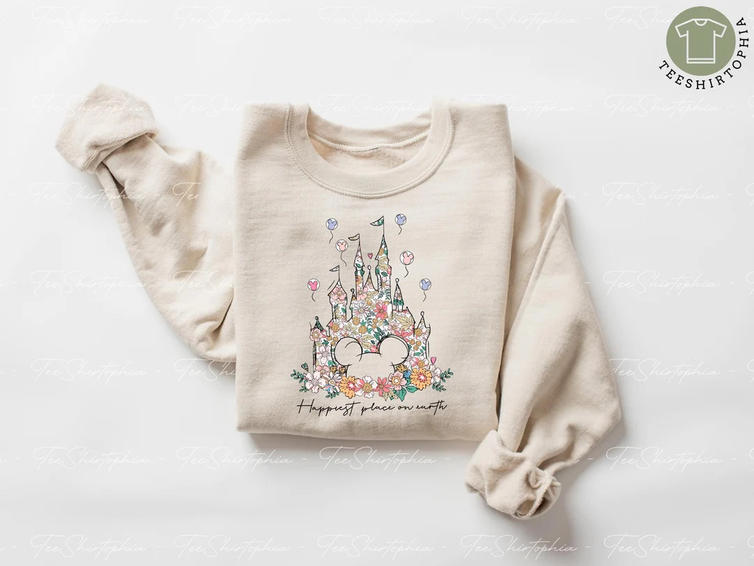 Happiest Place on Earth Sweatshirt, Floral Disney Castle Shirt, Magic Kingdom Sweatshirt, Retro D... | Etsy (US)