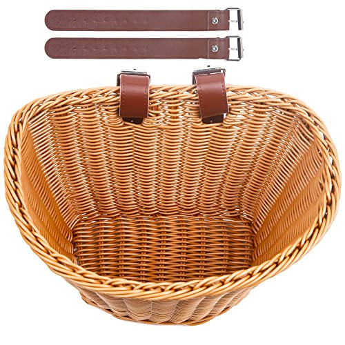 Woven Plastic Bike Baskets- Front D-Shaped Bike Bicycle Basket | Handlebar Storage Container with 2 Adjustable Leather Straps (Brown&Adults) | Amazon (US)