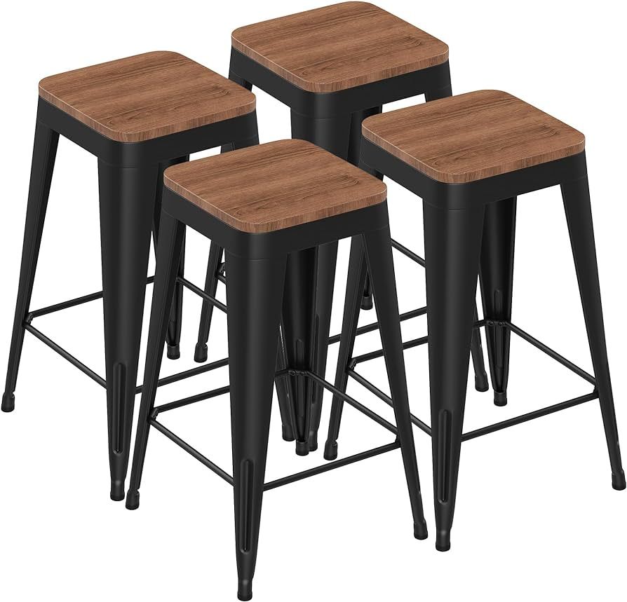 Barstools Set of 4 Black Metal Bar Stools Industrial Modern Bar Chairs with Wood Top for Kitchen ... | Amazon (US)