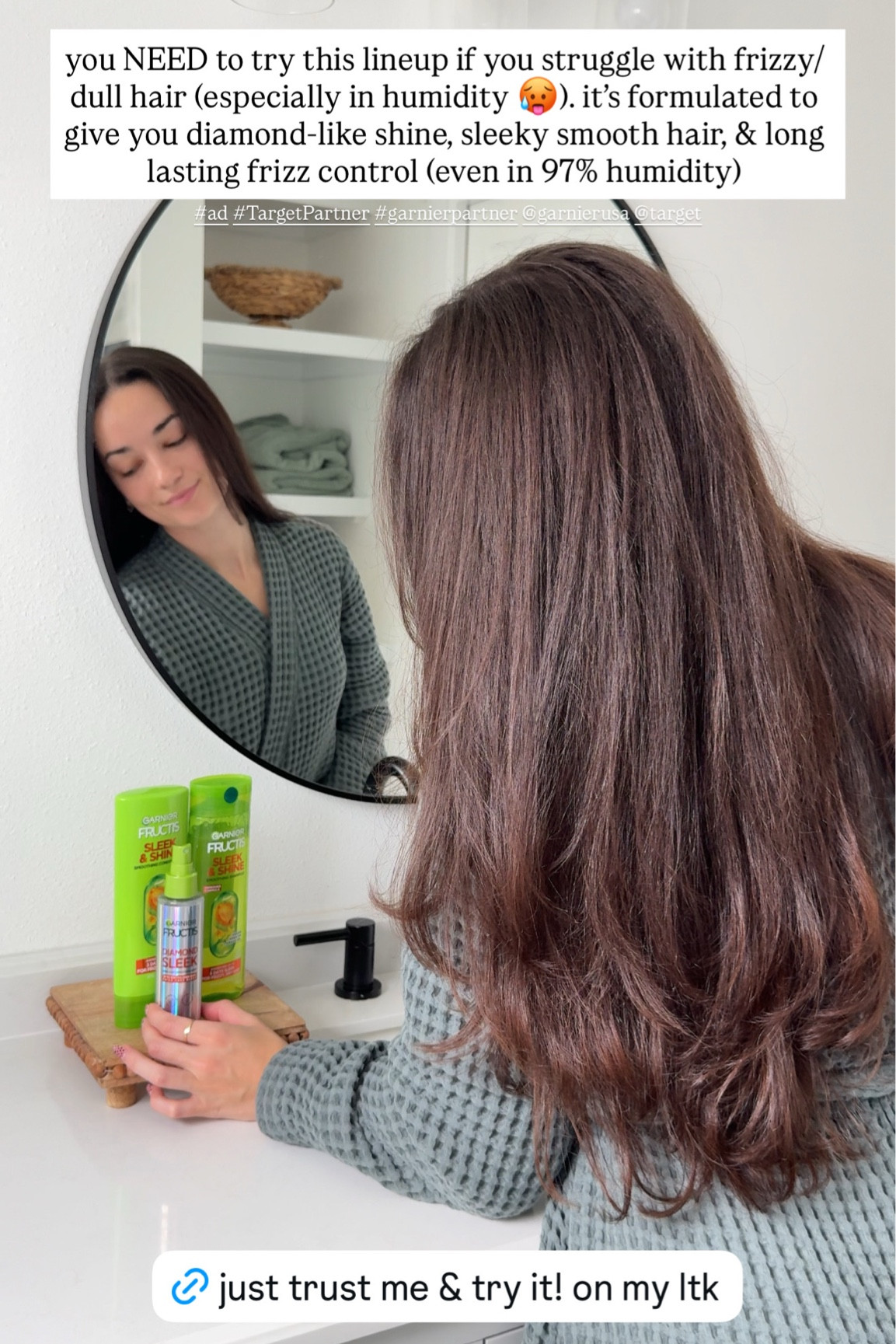 #ad you NEED to try this lineup if you struggle with frizzy/ dull hair (especially in humidity). it's formulated to give you diamond-like shine, sleeky smooth hair, & long lasting frizz control (even in 97% humidity) #garnierpartner @garnierusa @Target #TargetPartner

#LTKBeauty #LTKdayinmylife #LTKgrwm