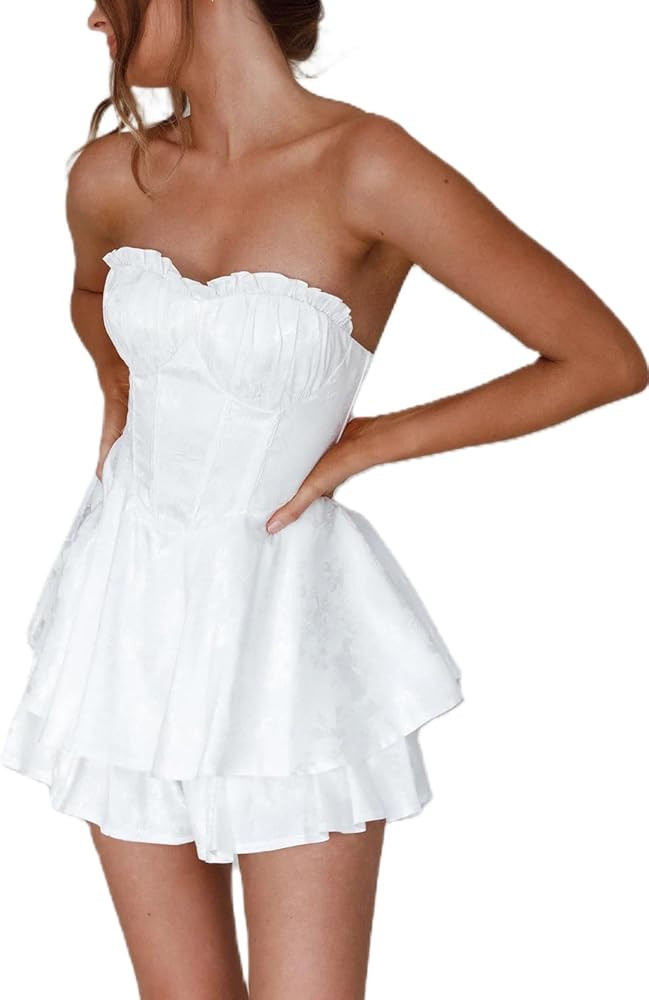 Womens Y2k Ruffle Strapless Corset Dress Flowy A-line Mini Tube Dress Fairy Princess Party Gown S... | Amazon (US)