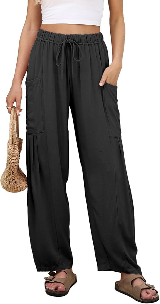Duyang Women Linen Wide Leg Pants Casual Summer Palazzo Pants Beach Vacation Outfits Flowy Loose ... | Amazon (US)