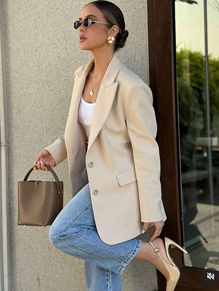 Women's Fashionable & Elegant Button Notched Collar Casual Blazer Jacket, Suitable For Commuting And Everyday Casual Wear | SHEIN