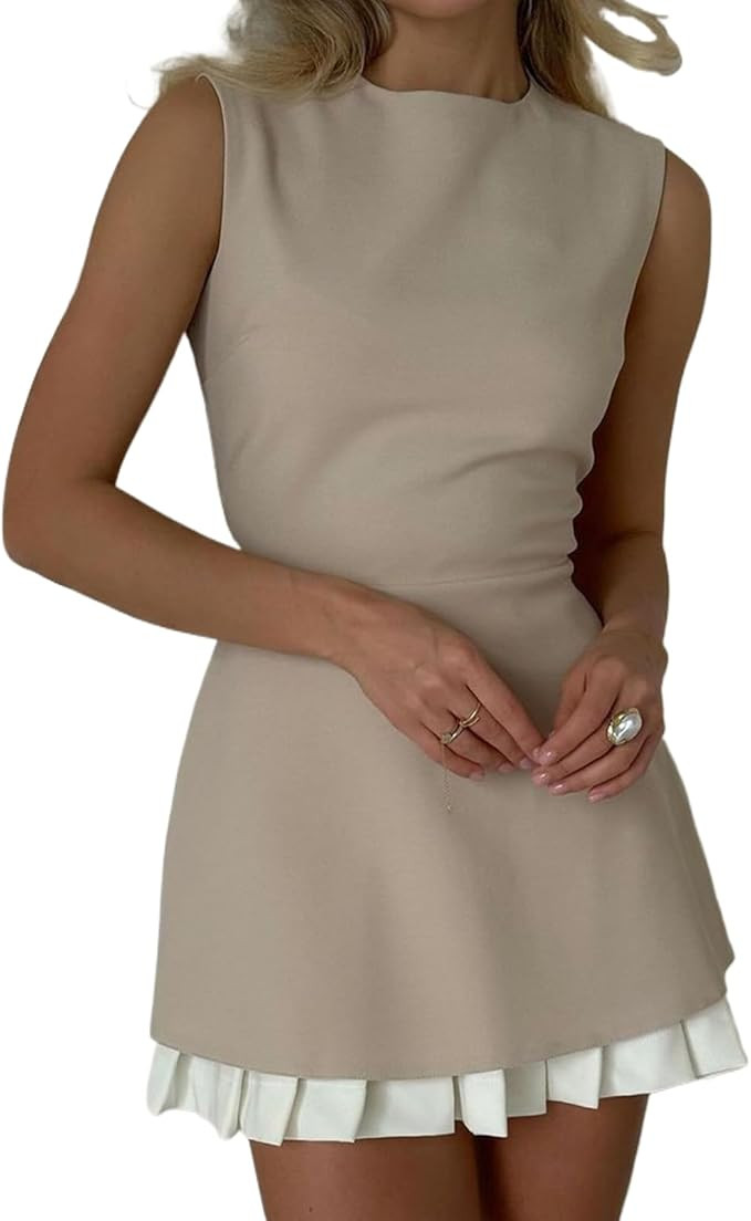 Lisskolo Women Bodycon Mini Dress Sleeveless Slim Fit Patchwork Pleated Short Dress Wedding Guest... | Amazon (US)