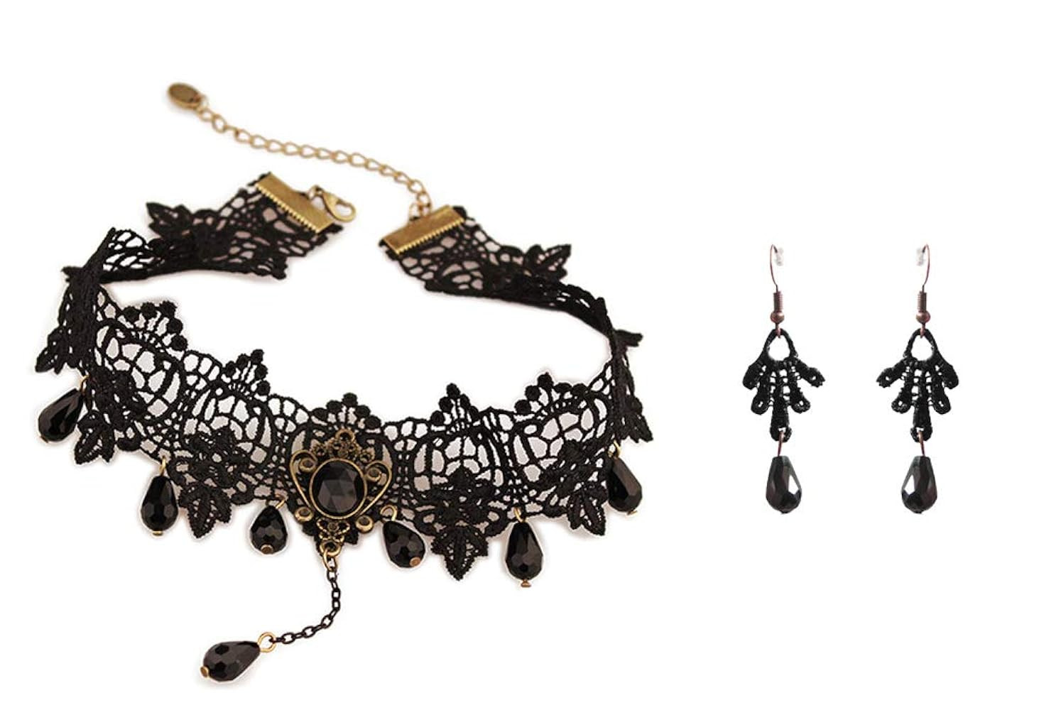 Black Lace Gothic Lolita Pendant Choker Necklace Earrings Set | Amazon (US)