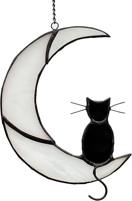 Halloween Black Cat Decor On White Moon Stained Glass Window Hanging Suncatcher for Windows Panel... | Amazon (US)