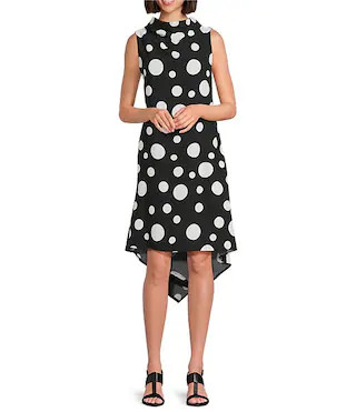 Woven Dot Print Mock Cowl Neck Sleeveless Asymmetrical Tunic Dress | Dillard's
