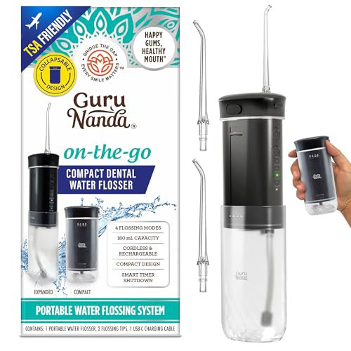 GuruNanda Compact Water Dental Flosser, Portable Travel Size Oral Irrigator Flosser with Collapsible 180 ml Tank, Smart Timer, 4 Flossing Modes, TSA-Friendly - Black | Amazon (US)