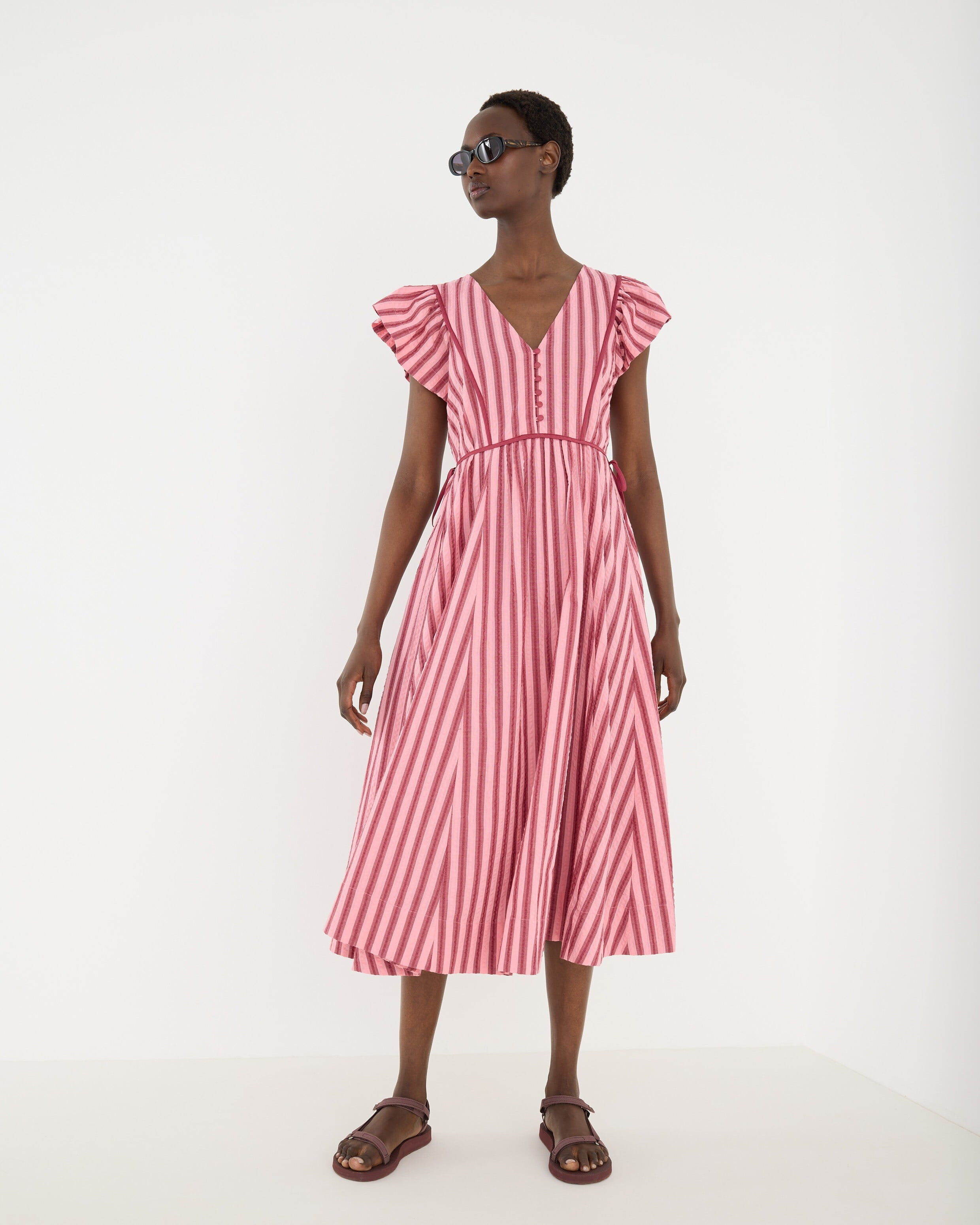 Burgundy & Pink Striped Tie Waist Cotton Midi Dress, size 12 | Oliver Bonas (Global)