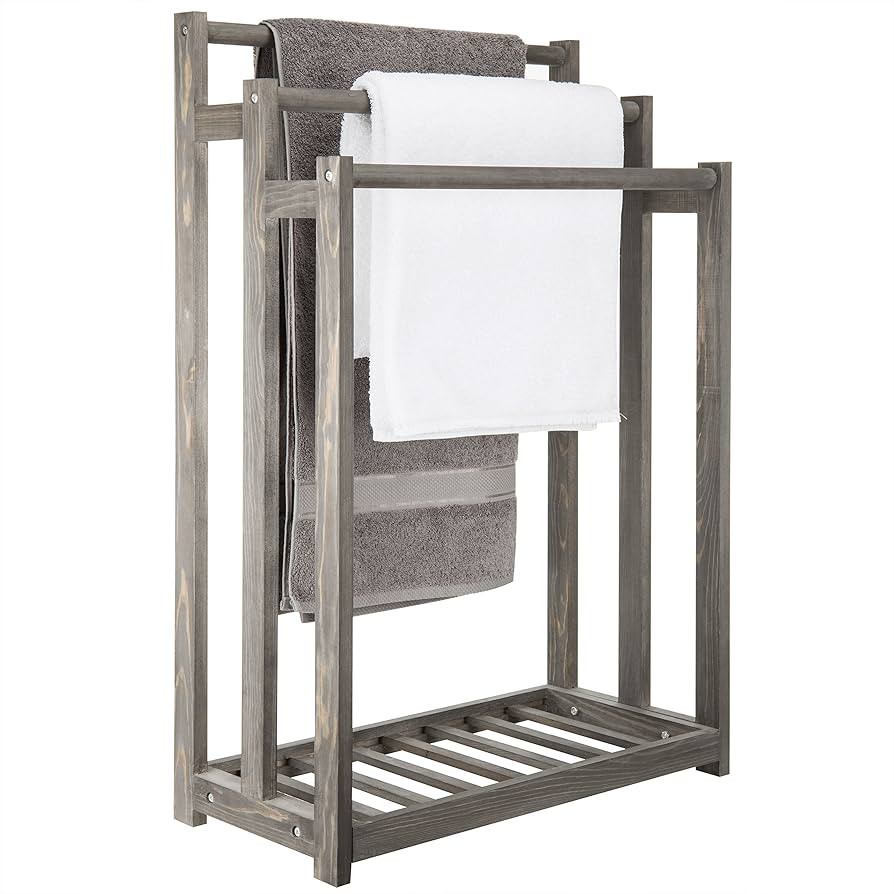 MyGift Freestanding Vintage Gray Wood Towel Rack Stand with 3 Tier Bath Towel Bar and Bottom Stor... | Amazon (US)