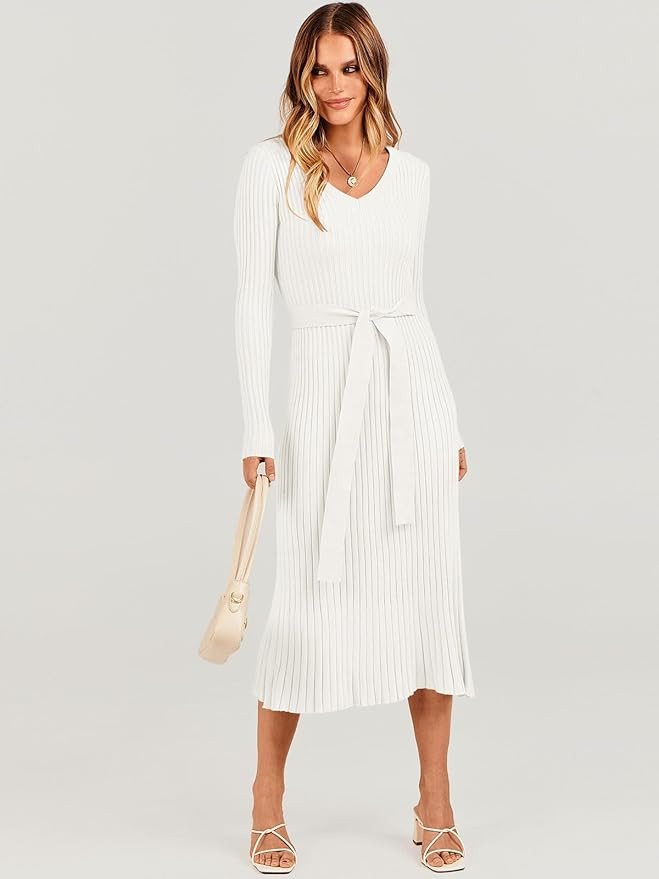 ANRABESS Women's Sweater Dress 2023 Long Sleeve V Neck Tie Waist Slim Fit Elegant Ribbed Knit Bod... | Amazon (US)