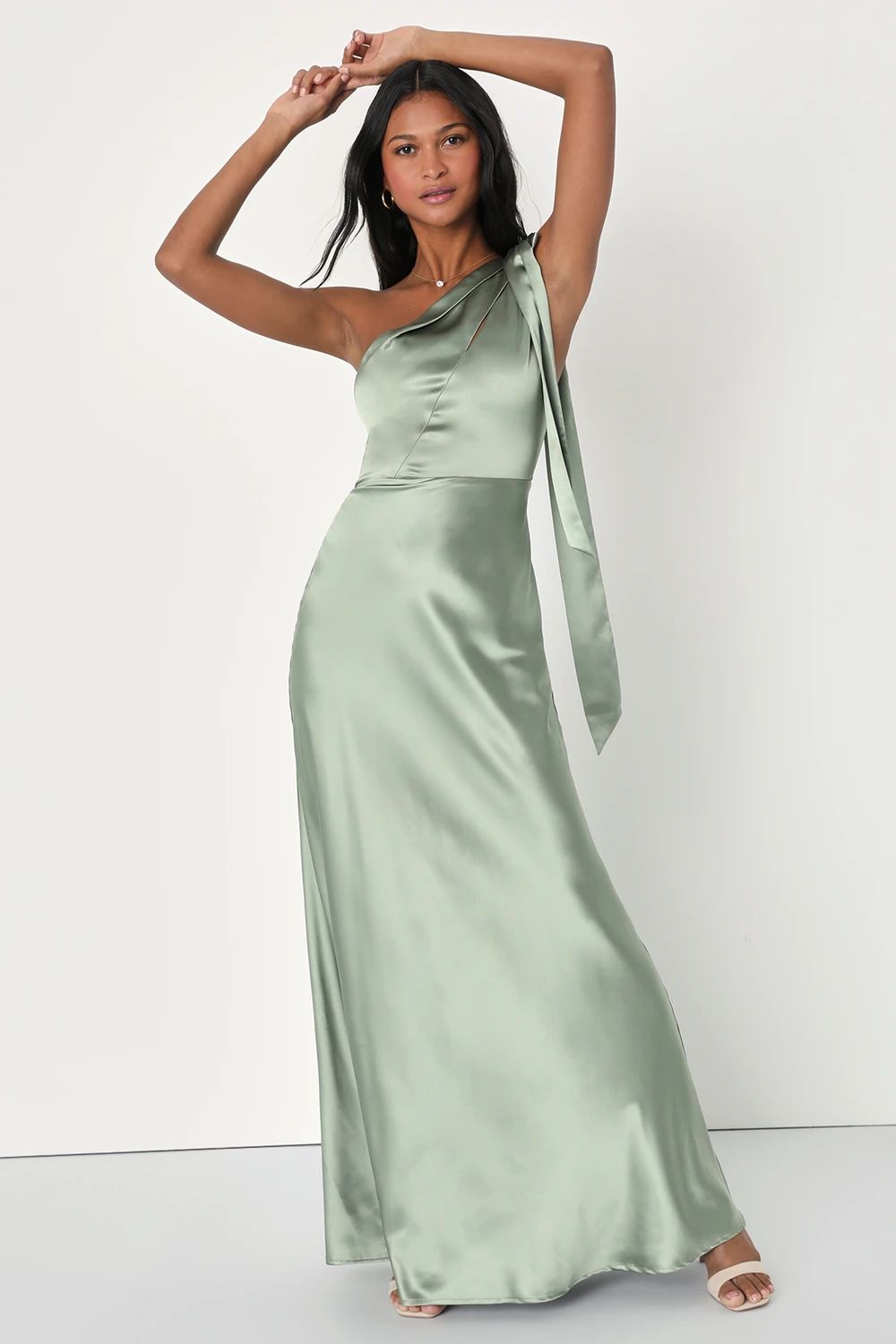 Lovely Refinement Sage Satin Cutout One-Shoulder Maxi Dress | Lulus (US)