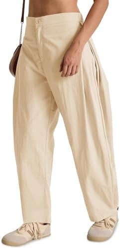 Fisoew Barrel Pants Women Casual Wide Leg Baggy Pants Side Pleated Horseshoe Style Trousers with ... | Amazon (US)