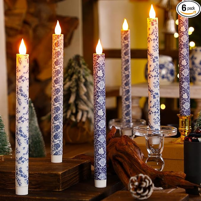 6 Pcs Christmas Chinoiserie Flameless Candles 10.6 Inch Blue and White Battery Operated Led Candl... | Amazon (US)