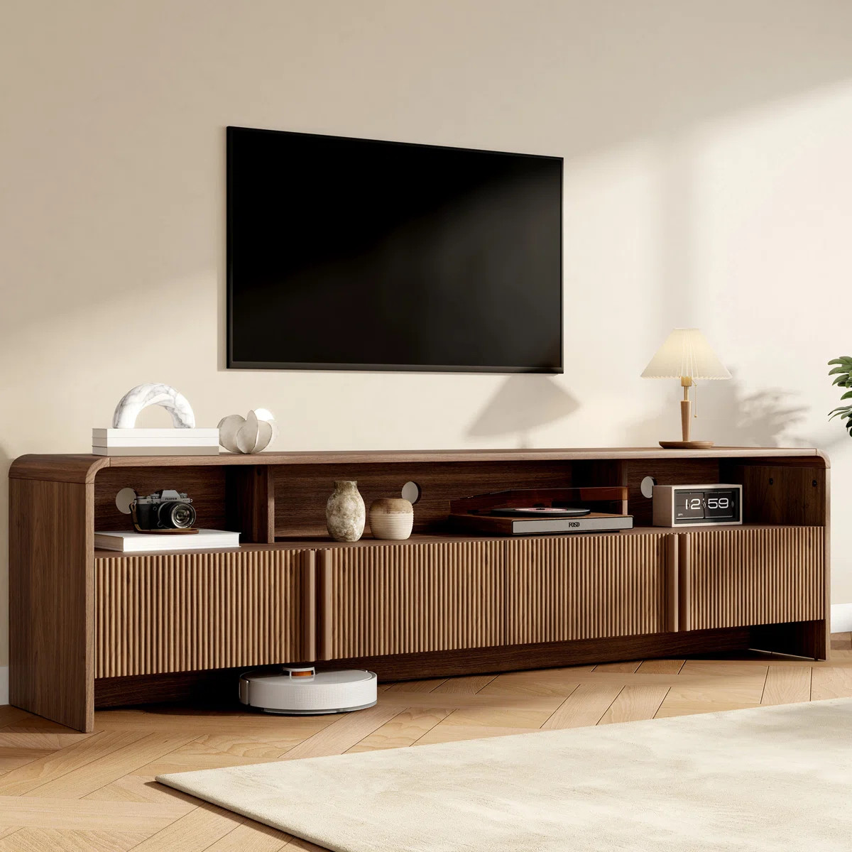 Dulane Modern Farmhouse 70" Tv Stand For Tvs Up To 75" With  2 Doors And Open Storage, Brown | Wayfair North America