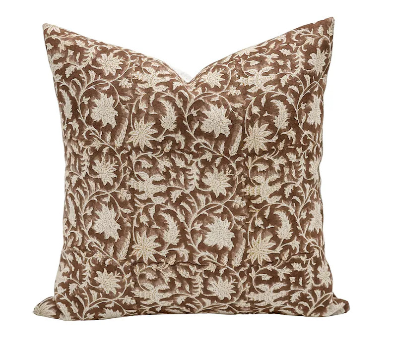 Designer Floral Umber Mustard on Natural Linen Pillow Cover | Etsy | Etsy (US)