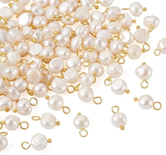 100Pcs Cultured Freshwater Oval Pearl Charms with Golden Brass Ball Head Pins White Natural Pearl... | Amazon (US)