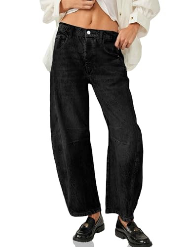 ALLABREVE Barrel Jeans for Women Trendy High Waisted Wide Leg Y2k Baggy Boyfriend Jeans Mid Rise Denim Ankle Pants with Pockets(Black,4) | Amazon (US)