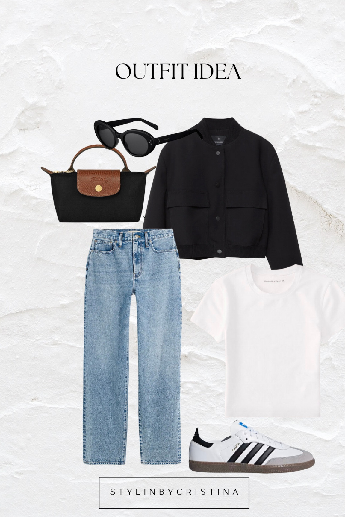 Longchamp le pliage mini pouch 
Bomber jacket 
Straight leg jeans 
White basic tee 
Celine triomphe oval sunglasses 
Adidas Samba #LTKFind

#LTKstyletip #LTKSeasonal