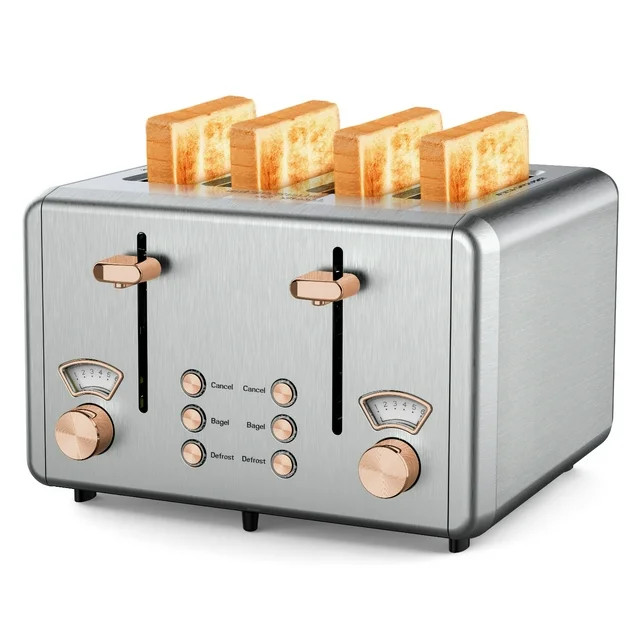 WHALL 4 Slice Toaster - Stainless Steel Bagel Toaster with Dual Control Panels, Wide Slot, 6 Shad... | Walmart (US)