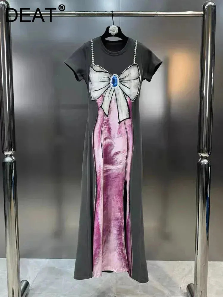 DEAT Items Fashion Womens Pearl Bows Print Split Dress Spring Trendy Round Neck Short Sleeves Dre... | DHGate