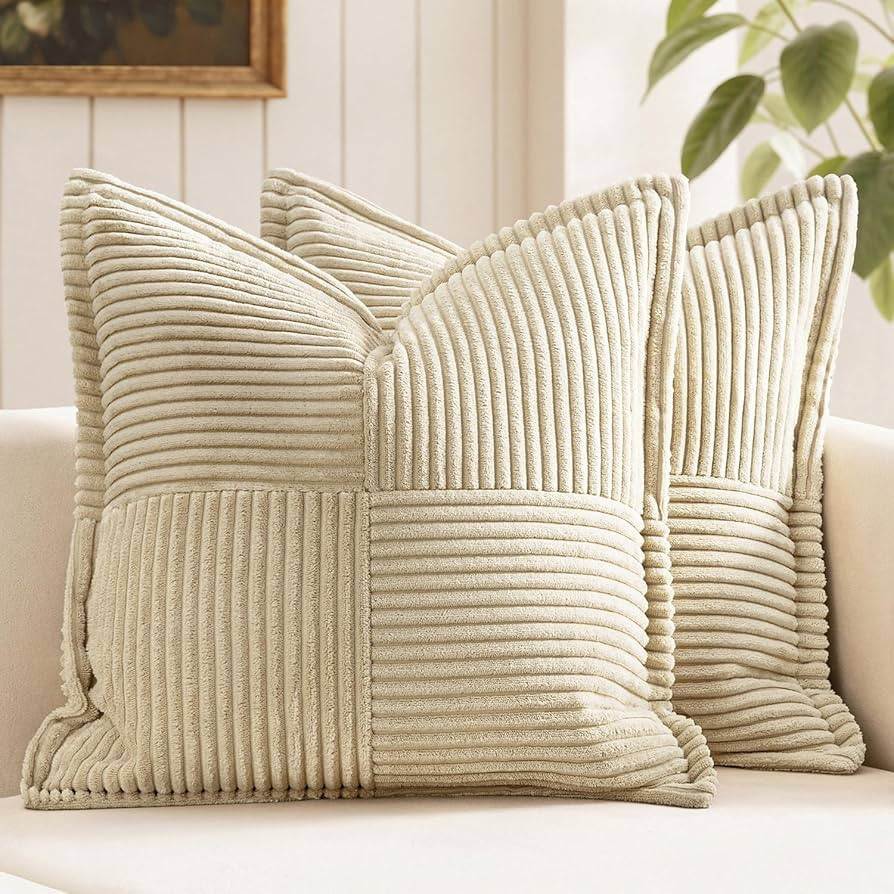 MIULEE Cream Corduroy Pillow Covers with Splicing Set of 2 Super Soft Broadside Striped Decorativ... | Amazon (CA)