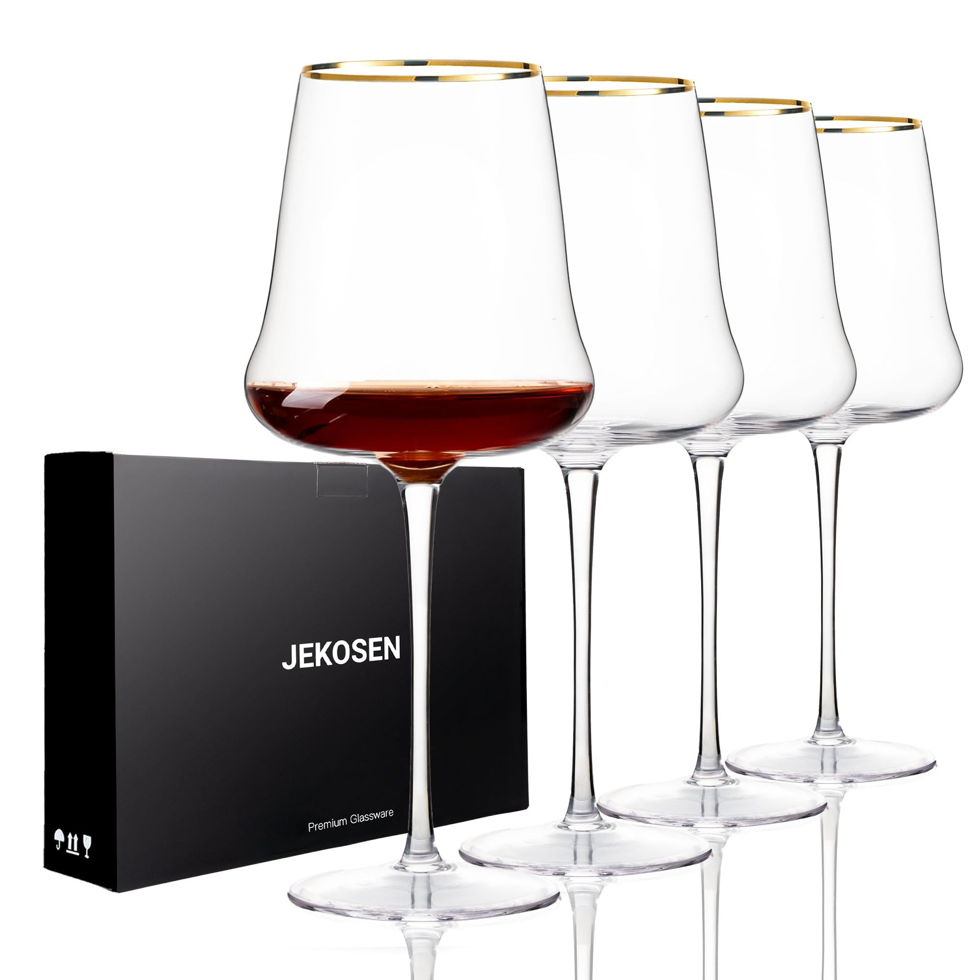 JEKOSEN New Red Wine Glasses With Gold Rim Set of 4 Long Stem Clear Wine Glasses Premium Crystal ... | Amazon (US)