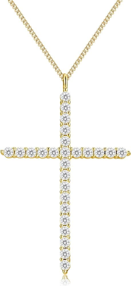 Moissanite Cross Necklace for Women, 925 Sterling Silver Diamond Crucifix Pendant, 14K White Gold... | Amazon (US)