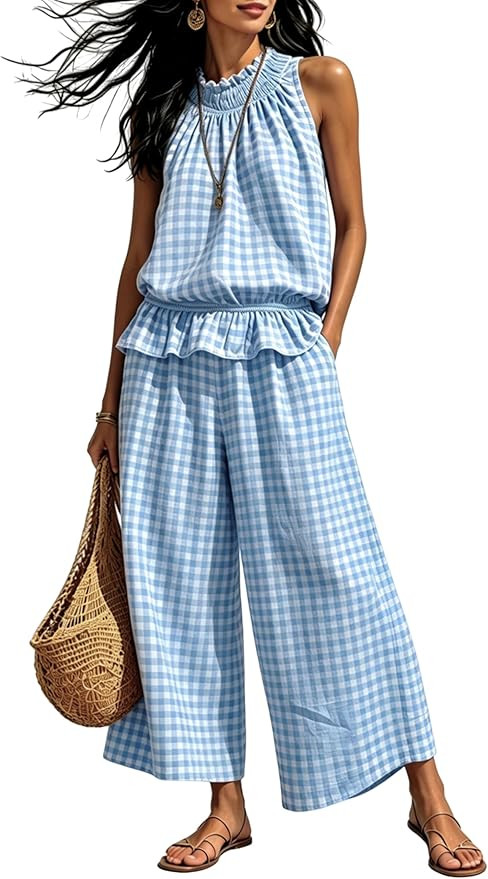Tanming Women's 2 Piece Set Outfits Gingham Plaid Sleeveless Ruffle Top Wide Leg Pants Summer Cas... | Amazon (US)