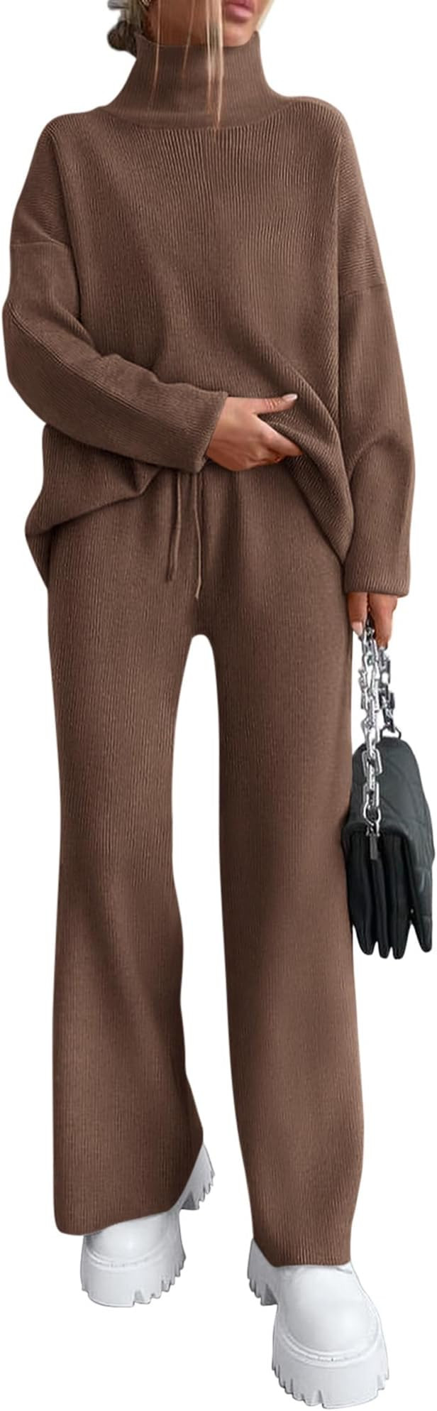 dowerme Women Spring 2 Piece Outfits 2026 Winter High Neck Sweater Sets Drawstring Wide Leg Pant ... | Amazon (US)
