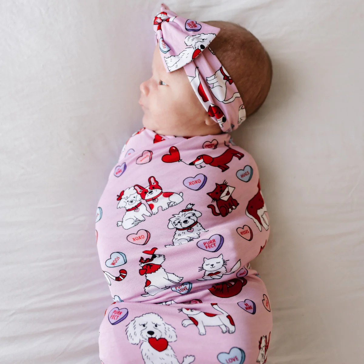 Pink Furever Valentines Bamboo Viscose Swaddle + Headband Set | Little Sleepies