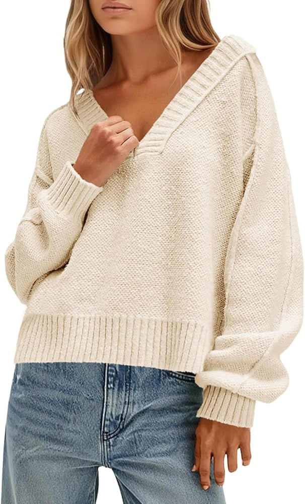 Saodimallsu Womens V Neck Pullover Sweaters Casual Knit Long Sleeve Loose 2025 Fall Cropped Tops | Amazon (US)