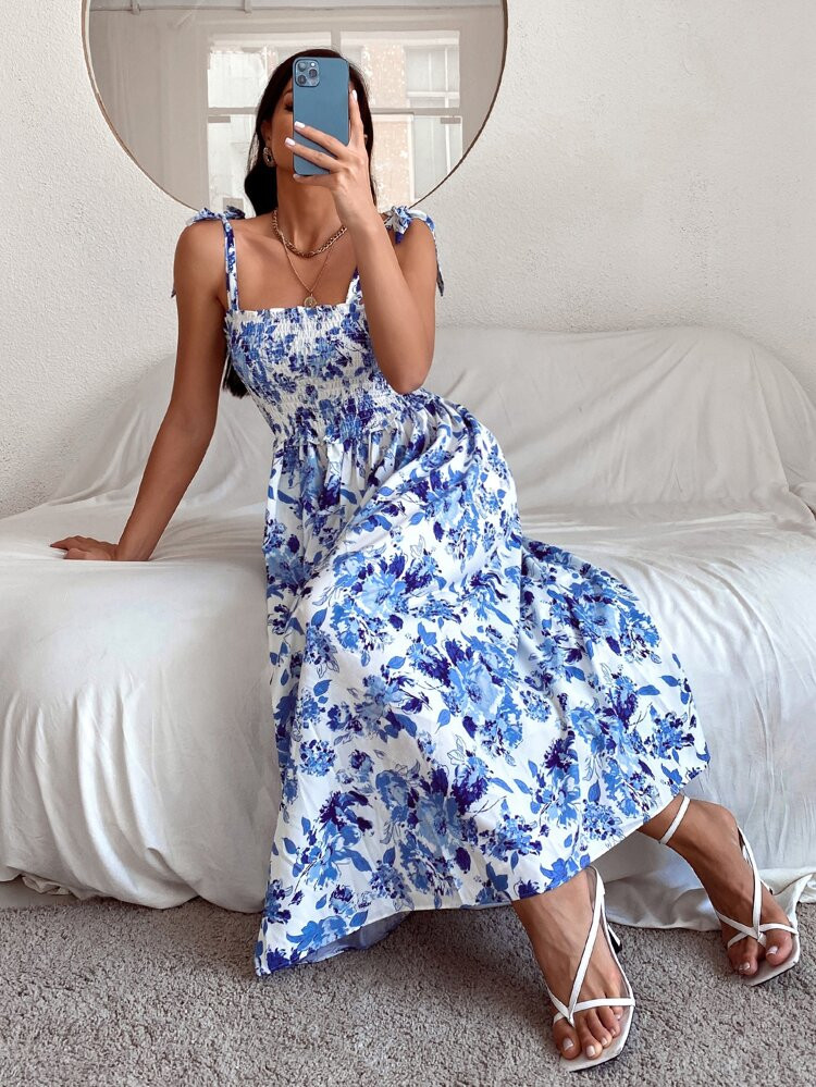 Allover Floral Print Lettuce Trim Shirred Cami Dress | SHEIN