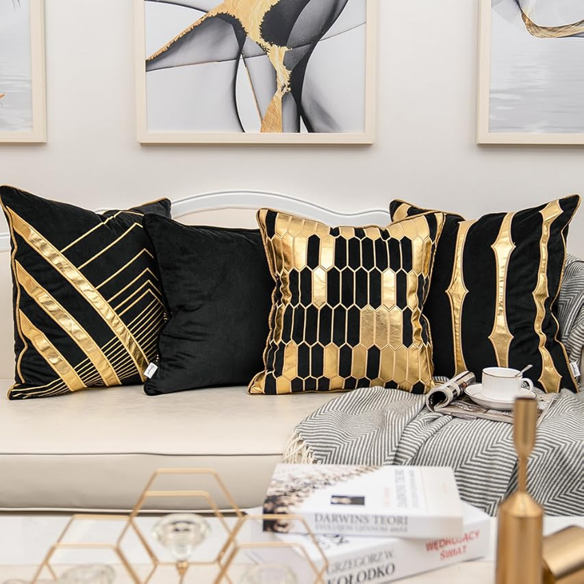 Yangest Black Patchwork Velvet Throw Pillow Cover with Gold Striped Leather Cushion Case Modern Luxu | Amazon (US)
