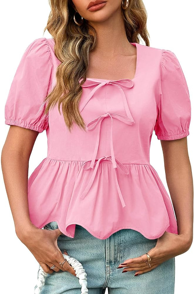 Tankaneo Womens Summer Peplum Babydoll Tops Square Neck Short Puff Sleeve Blouses Ruffle Cute Bow... | Amazon (US)