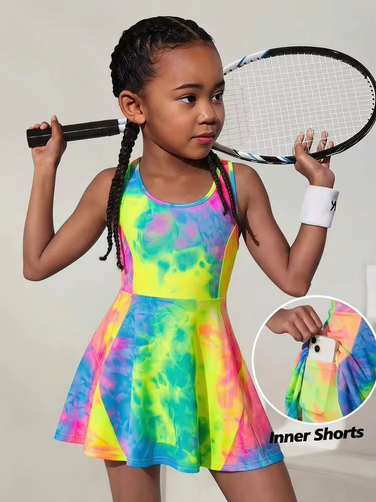 SHEIN Young Girl Tie-Dye Print Criss-Cross Back Sports Dress | SHEIN